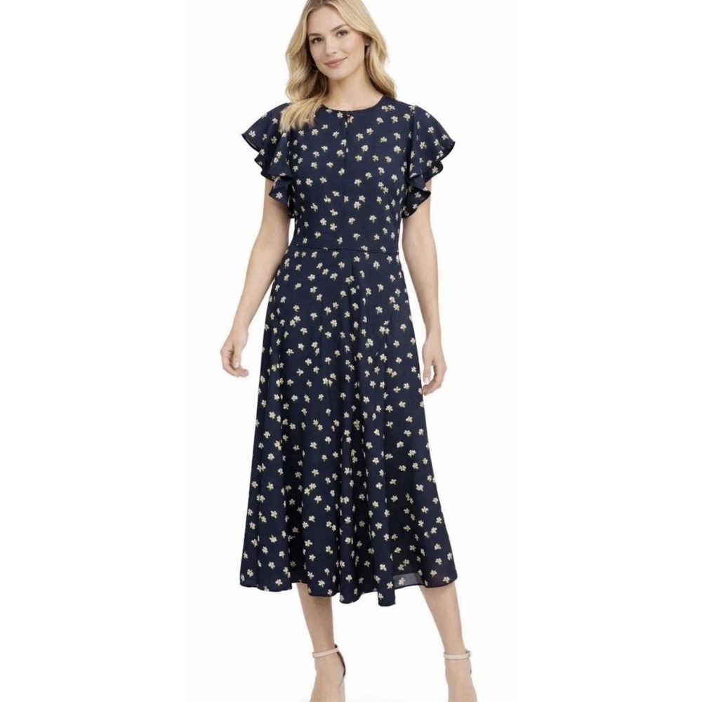 Kate Spade Daisy Toss Flutter Sleeve Dress Fit & Flare Midi Dress in Navy size 0